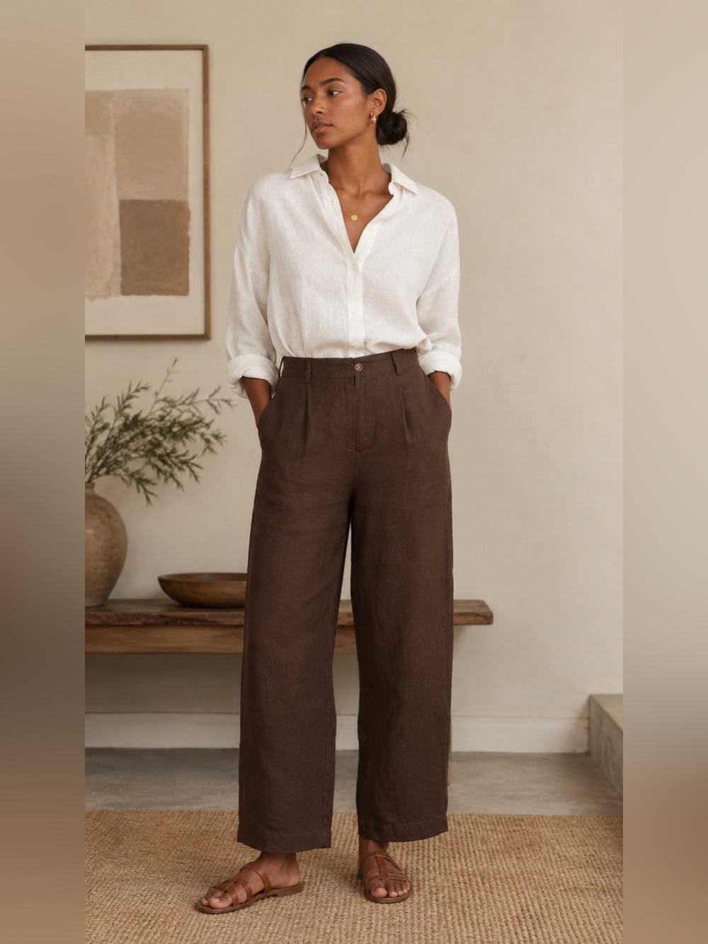 Handmade 100% Linen Chocolate Brown Straight Leg Pants PXS